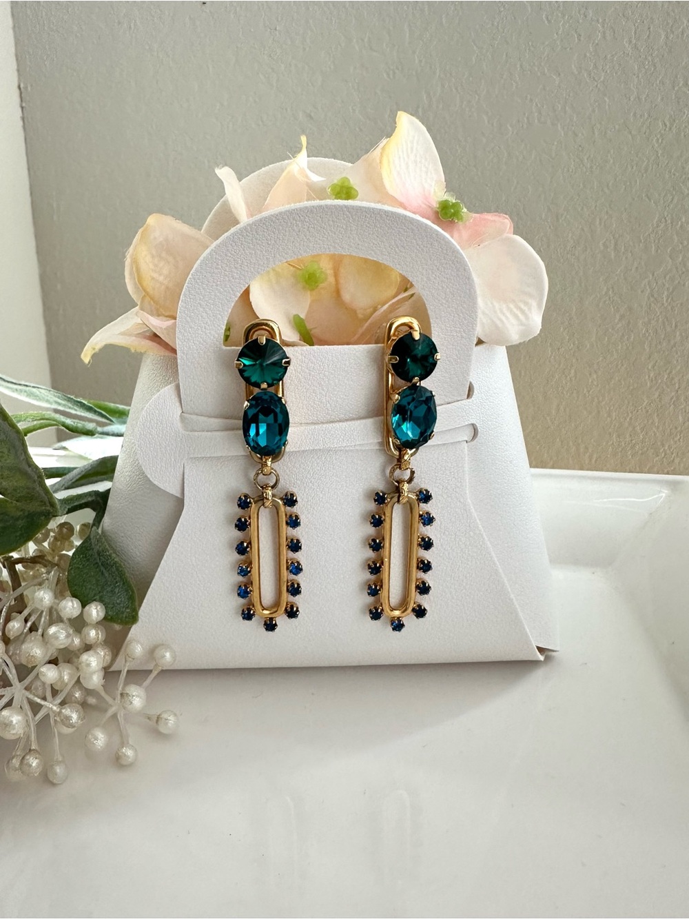 Elizabeth Cole Cassidy Crystal Drop Earrings Blue Green Gold Statement